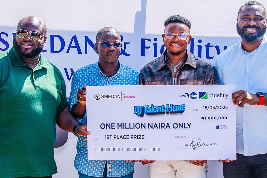 L – R: Ace DJ and guest facilitator at the event, Sodiq Yusuff (DJ Toh Bad); South West Zonal Coordinator, for the Small and Medium Enterprises Development Agency of Nigeria (SMEDAN), Olukayode Shode; Winner of the DJ Talent Hunt Competition, Ojo Ogunsakin (DJ Bamz); and Divisional Head, Brand and Communications, Fidelity Bank Plc, Dr. Meksley Nwagboh; at the closing ceremony of the Fidelity Bank-SMEDAN Talent Hunt held at the Fidelity SME Hub, Gbagada, Lagos recently.